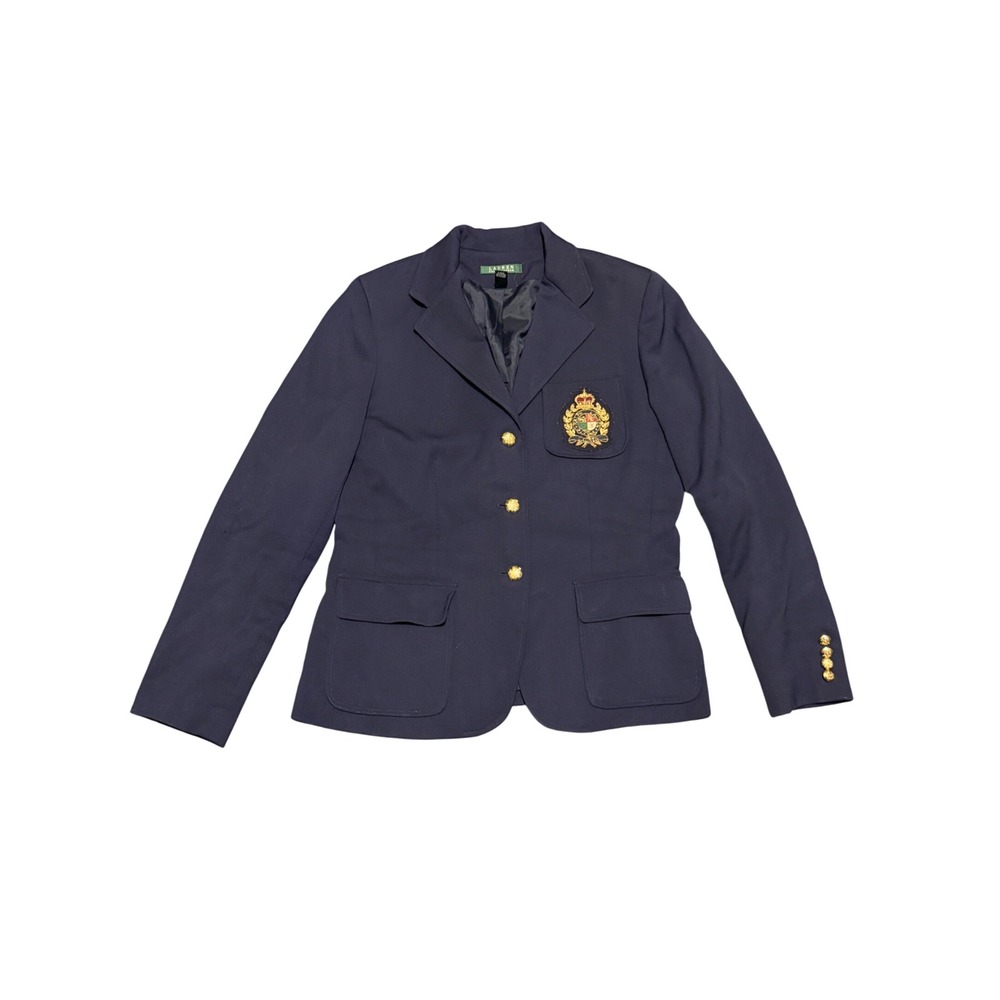 Lauren Ralph Lauren Womens Navy Blue 100% Wool Crest Blazer Jacket Size 10